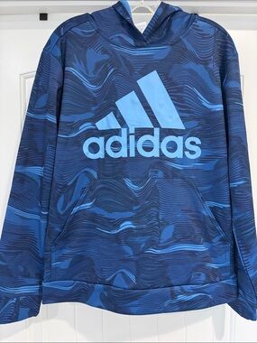 adidas Navy and Light Blue Wave-Print Pullover Hoodie